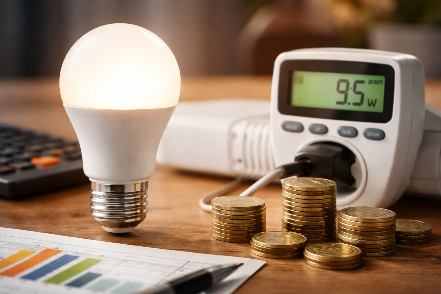 LED bulb power consumption example showing 9.5 watts