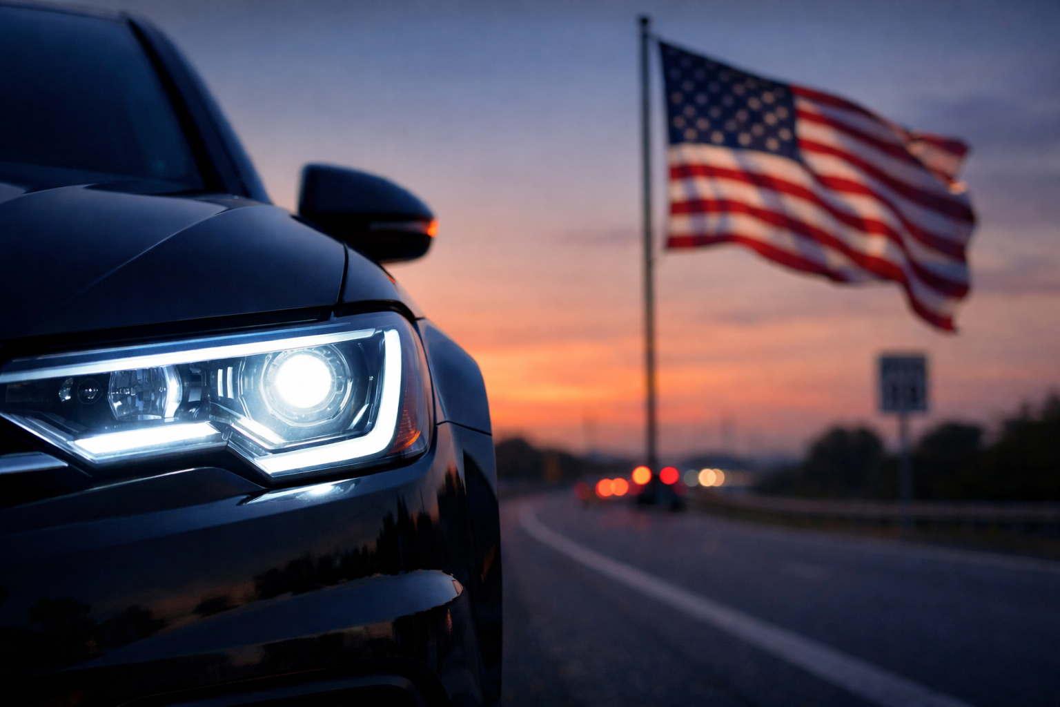 LED headlights on a car in the US during sunset with road visibility