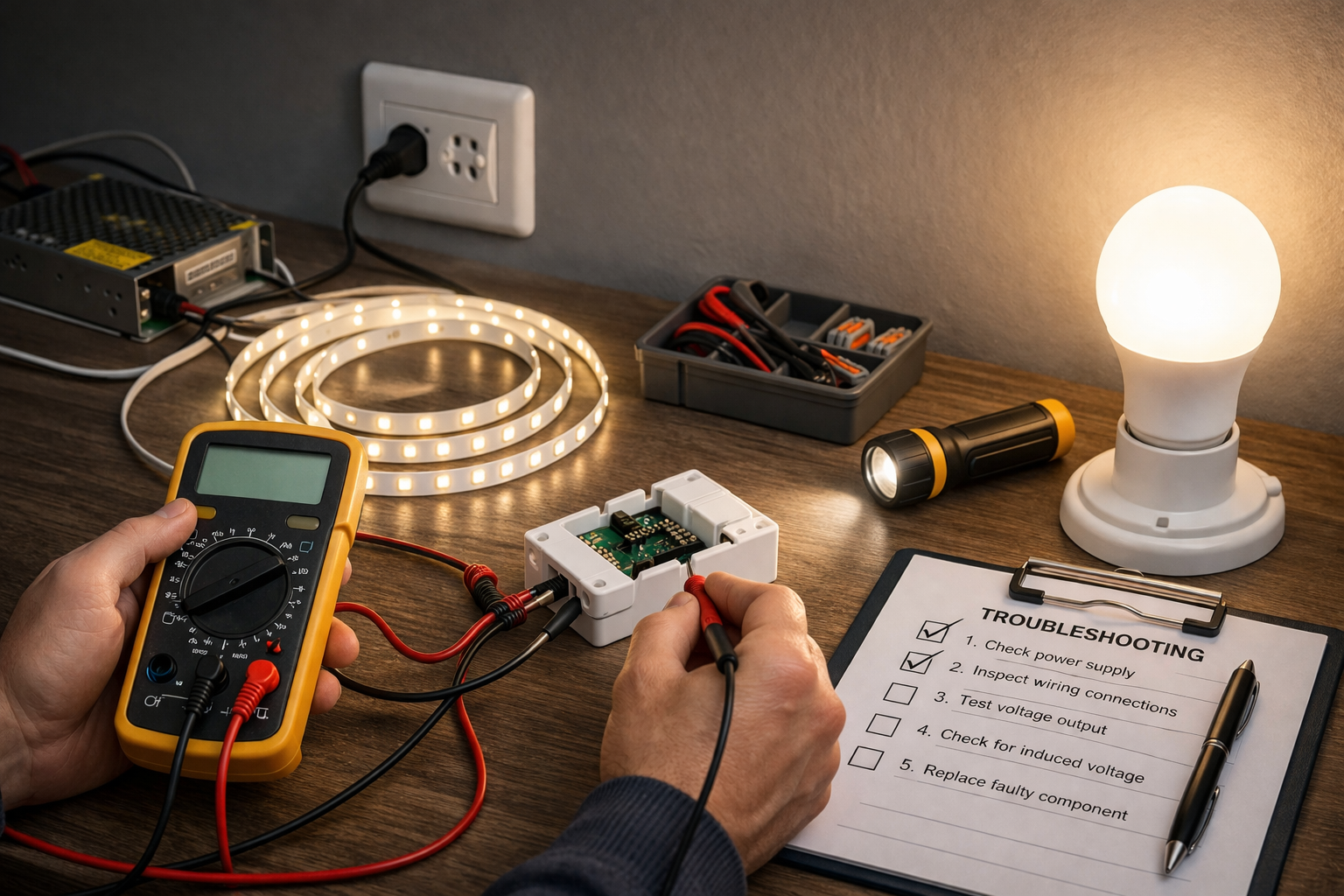 checking LED light wiring and voltage with a multimeter